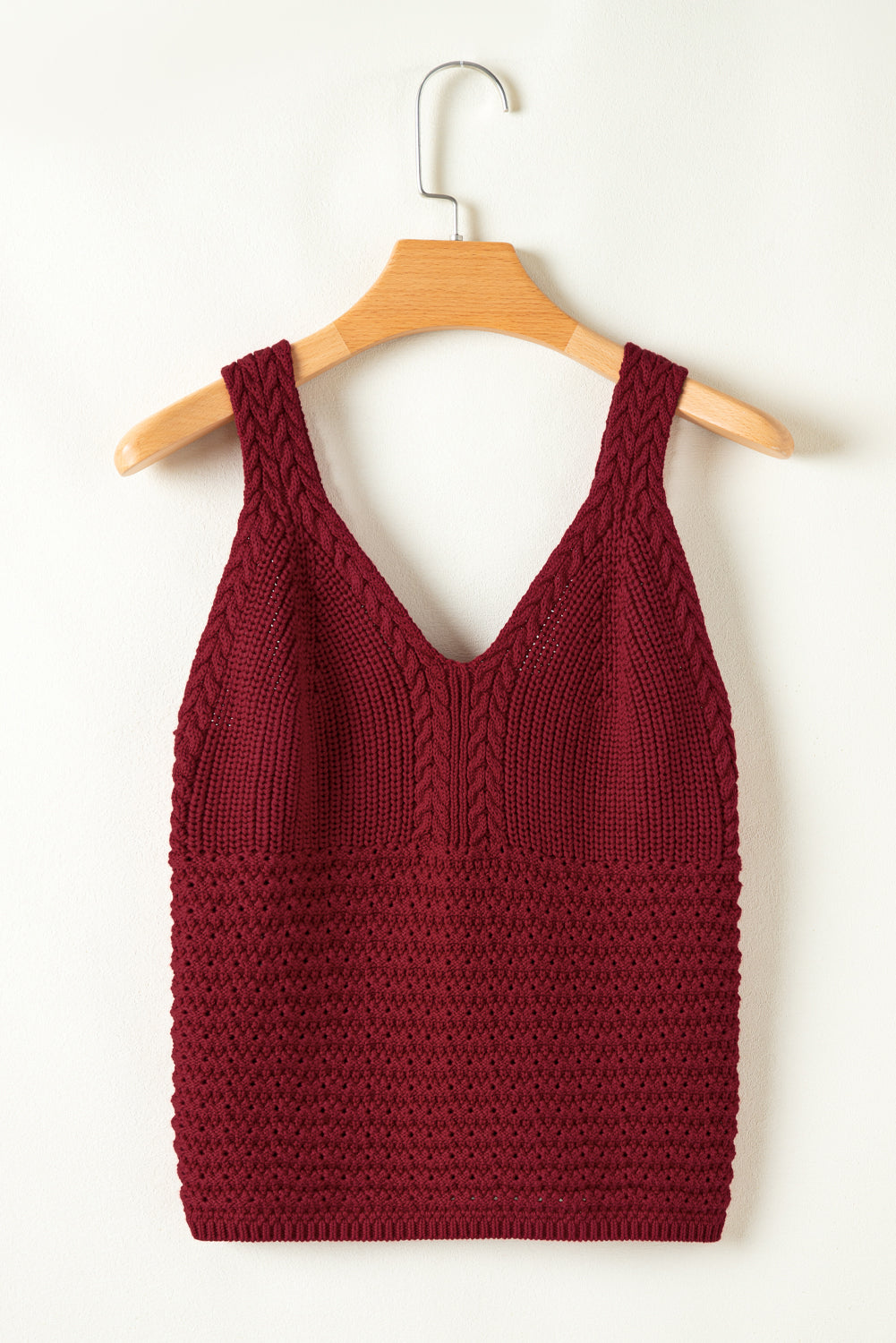 Burgundy Slim Fit V Neck Cable Knit Pointelle Camisole