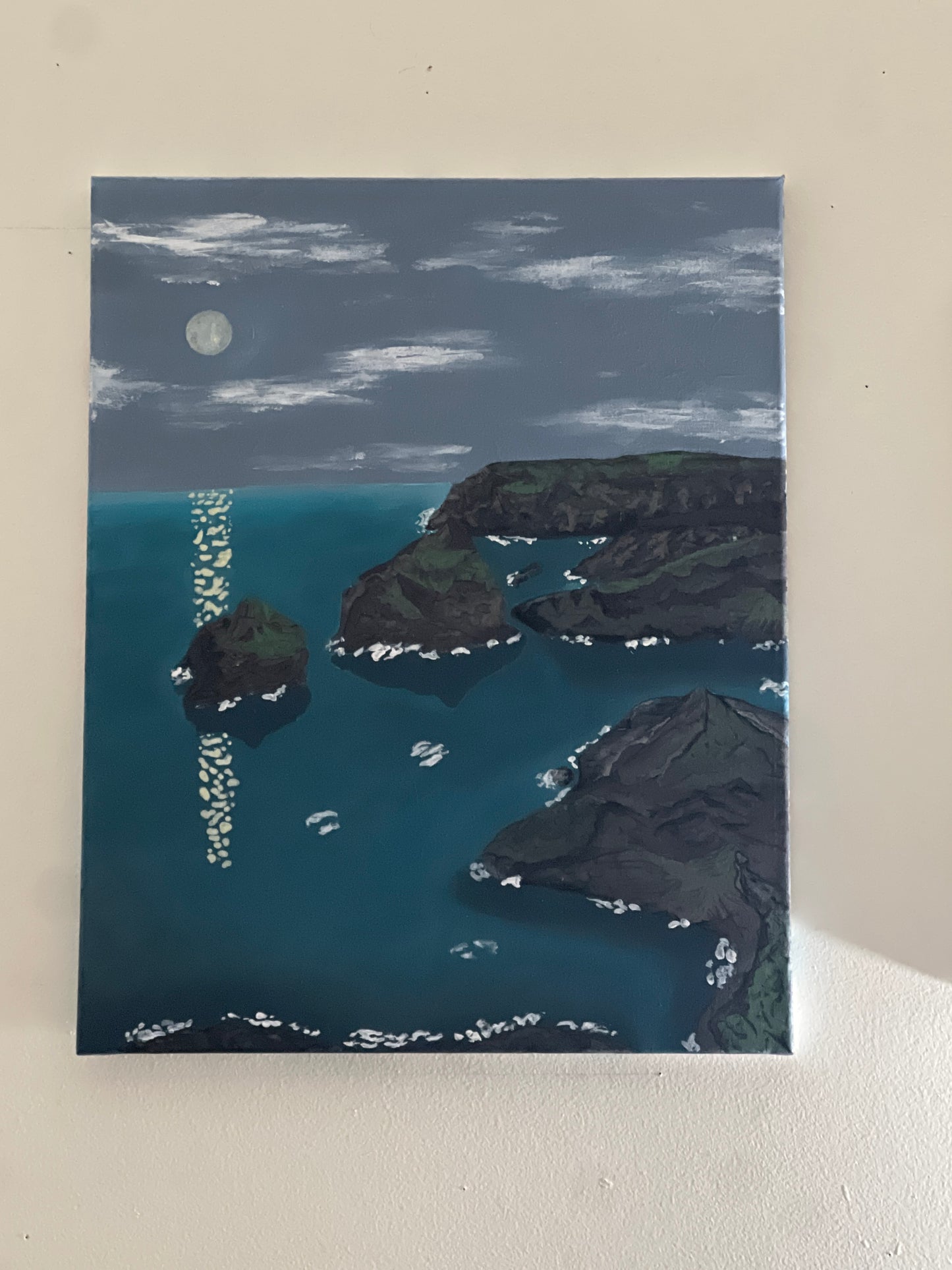 “Moonlit Serenity: Hand-Painted Coastal Canvas” (16x20)