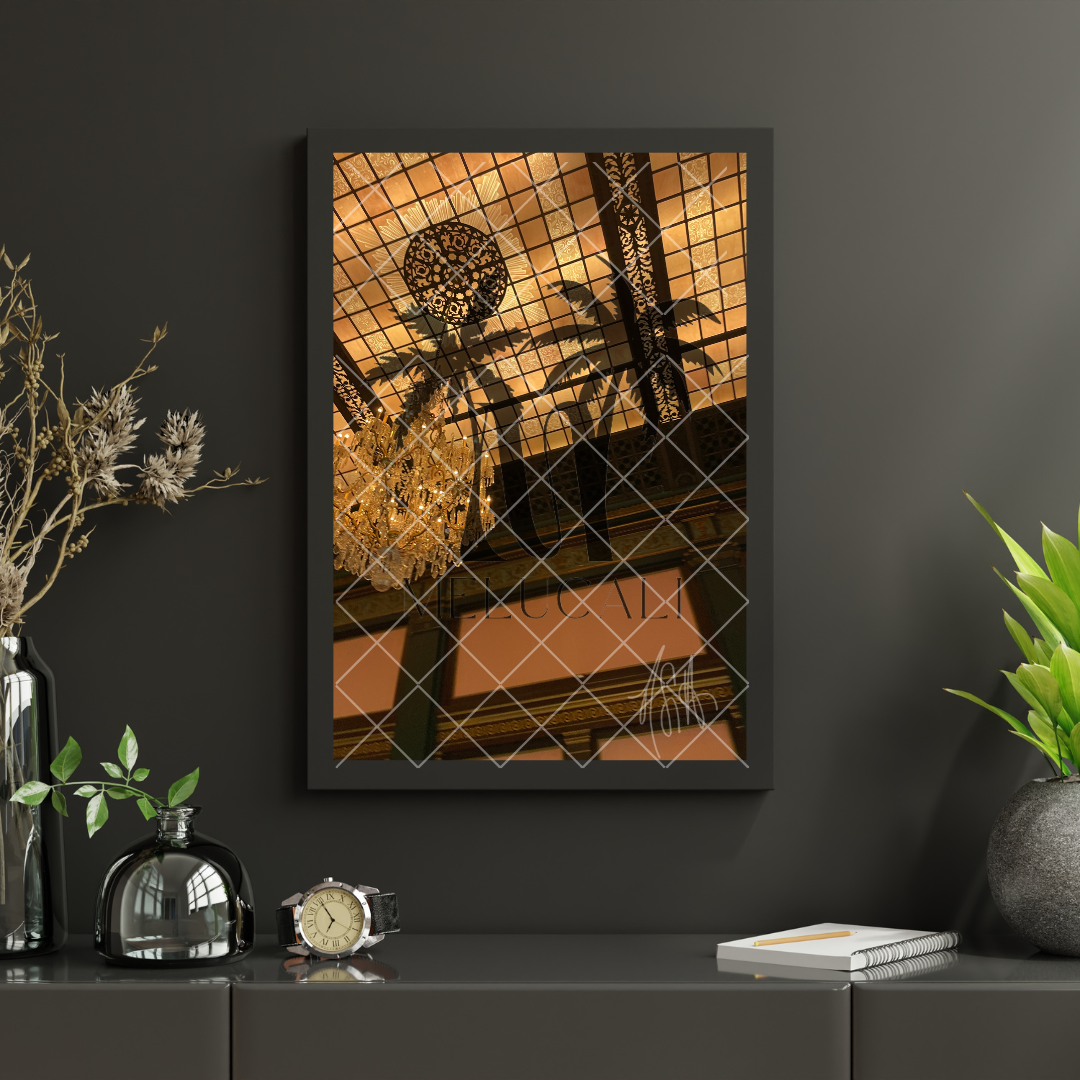 Amber Elegance: Chandelier Art from Longwood Gardens - Gallery Canvas Wraps, Vertical Frame