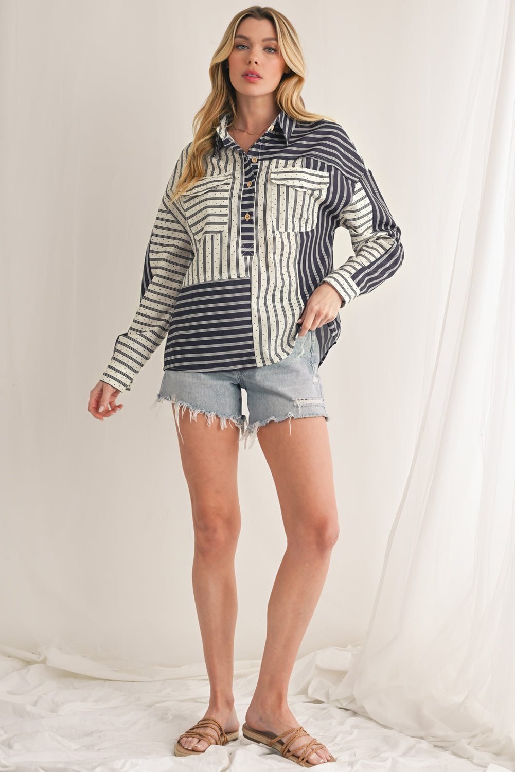 Black Striped Patchwork Button-up Long Sleeve Shirt With Pocket