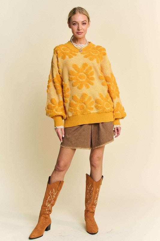 Flower Texture Round Neck Dropped Shoulder Sweater