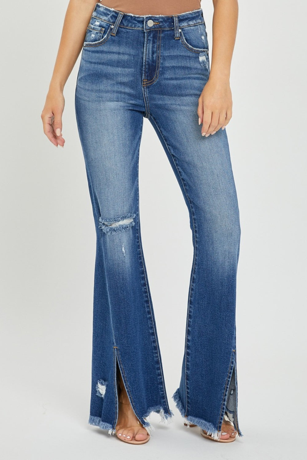 High Rise Front Slit Flared Jeans