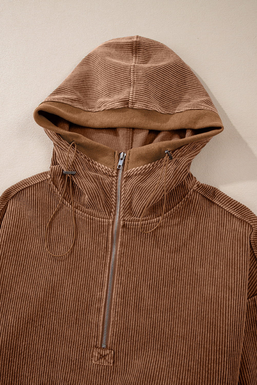 Chestnut Half Zipper Kangaroo Pocket Drawstring Corduroy Hoodie