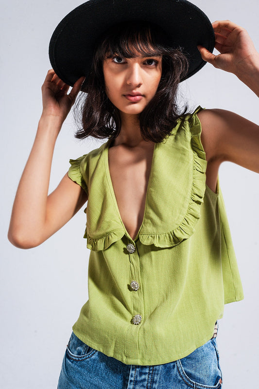 Green Crop Top With Bib Collar