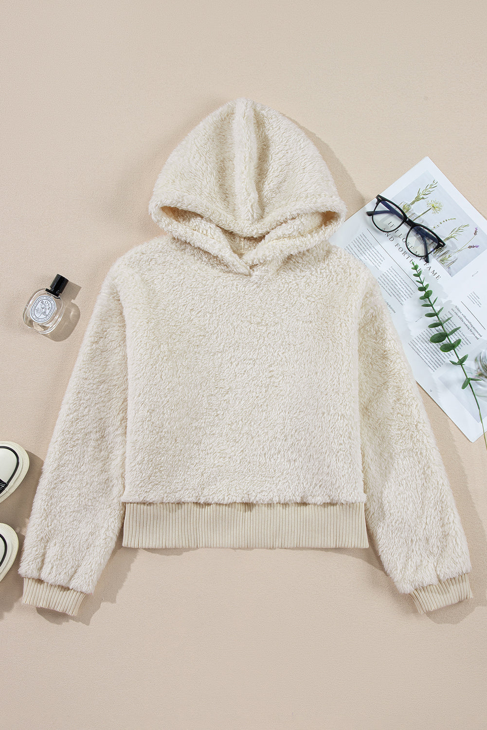 White Casual Contrast Ribbed Edge Plush Hoodie