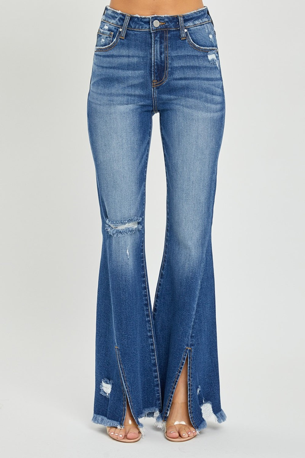 High Rise Front Slit Flared Jeans