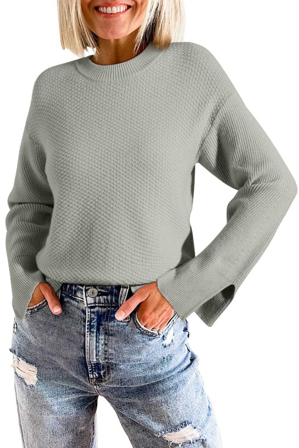 Dark Green Textured Knit Loose Sweater