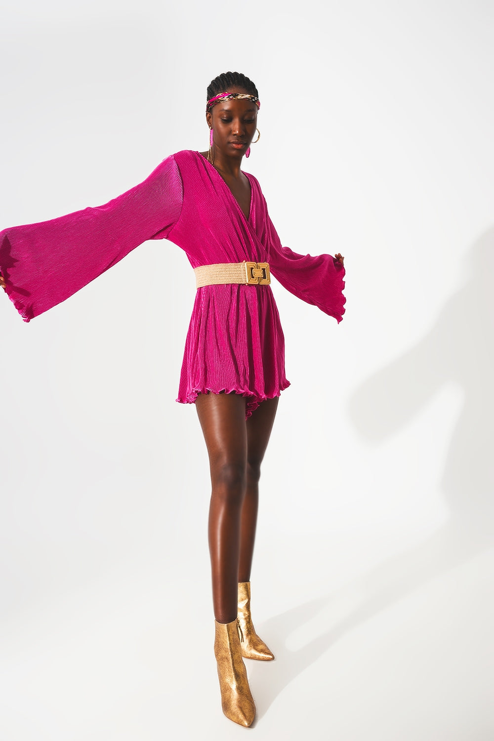 Satin Wrap Detail Pleated Short Jumpsuit in Fuchsia