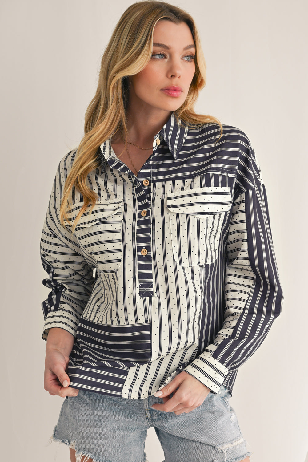 Black Striped Patchwork Button-up Long Sleeve Shirt With Pocket