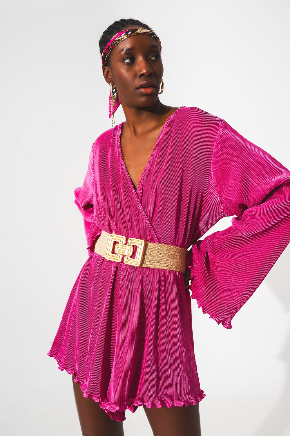 Satin Wrap Detail Pleated Short Jumpsuit in Fuchsia