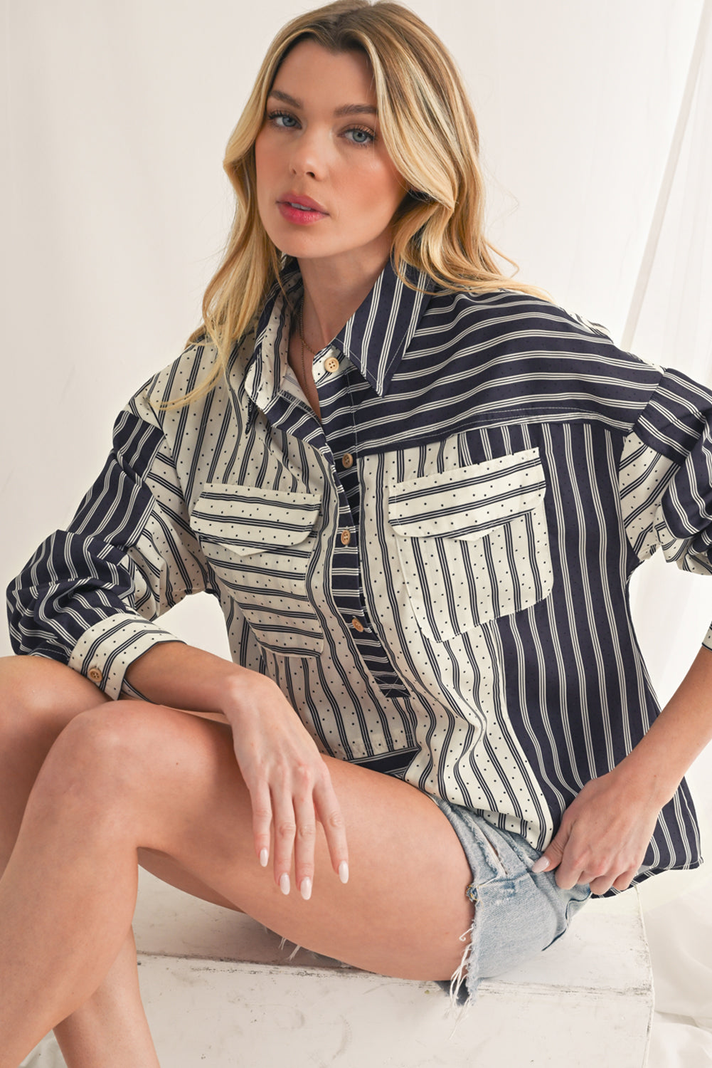 Black Striped Patchwork Button-up Long Sleeve Shirt With Pocket