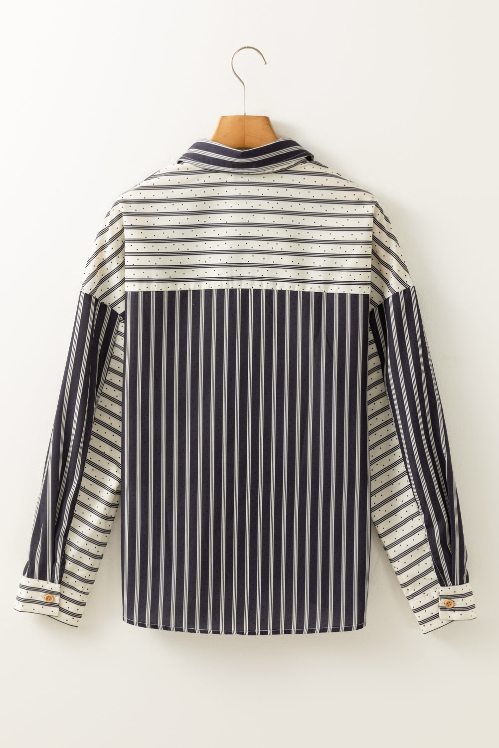 Black Striped Patchwork Button-up Long Sleeve Shirt With Pocket