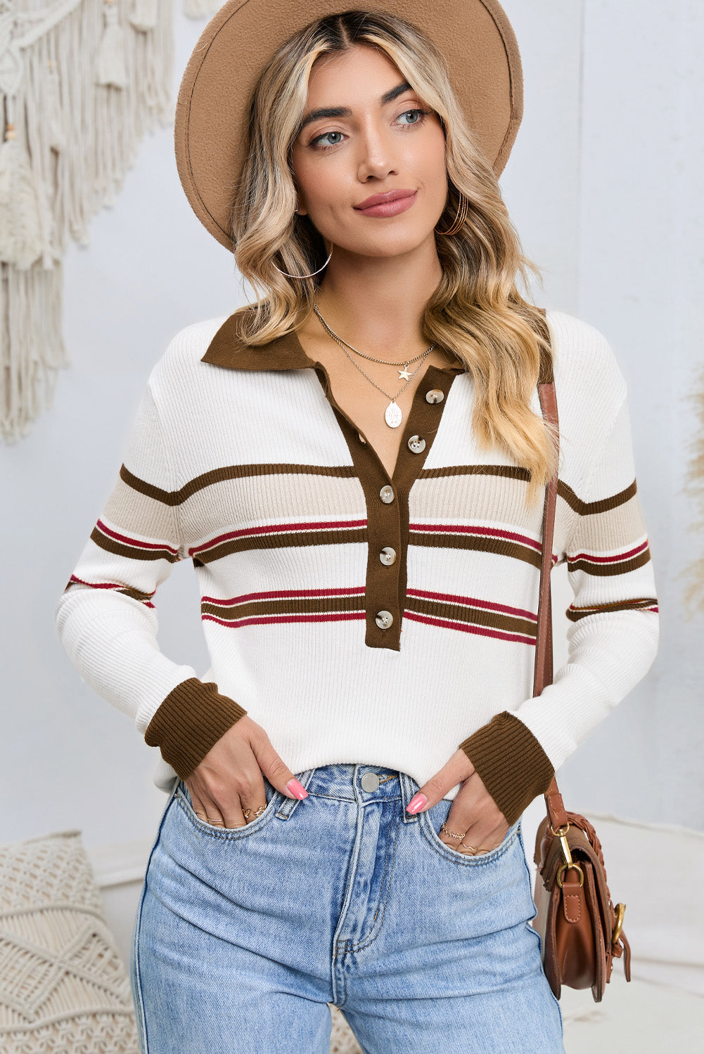 White Rib Knitted Stripe Detail Henley Sweater