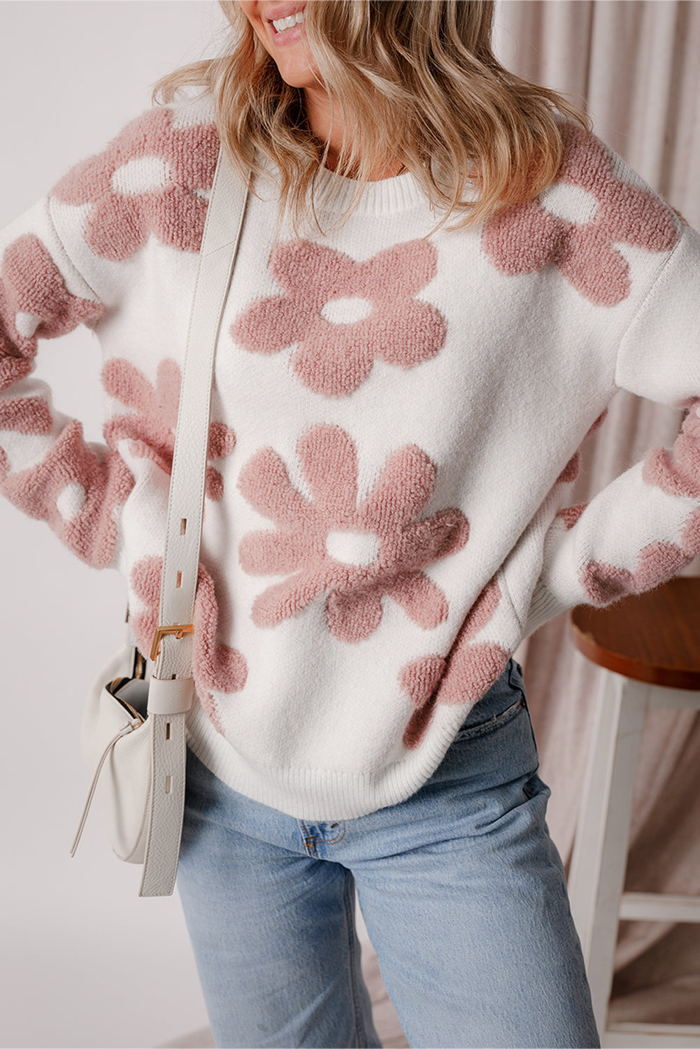 White Vintage Flower Drop Shoulder Loose Sweater